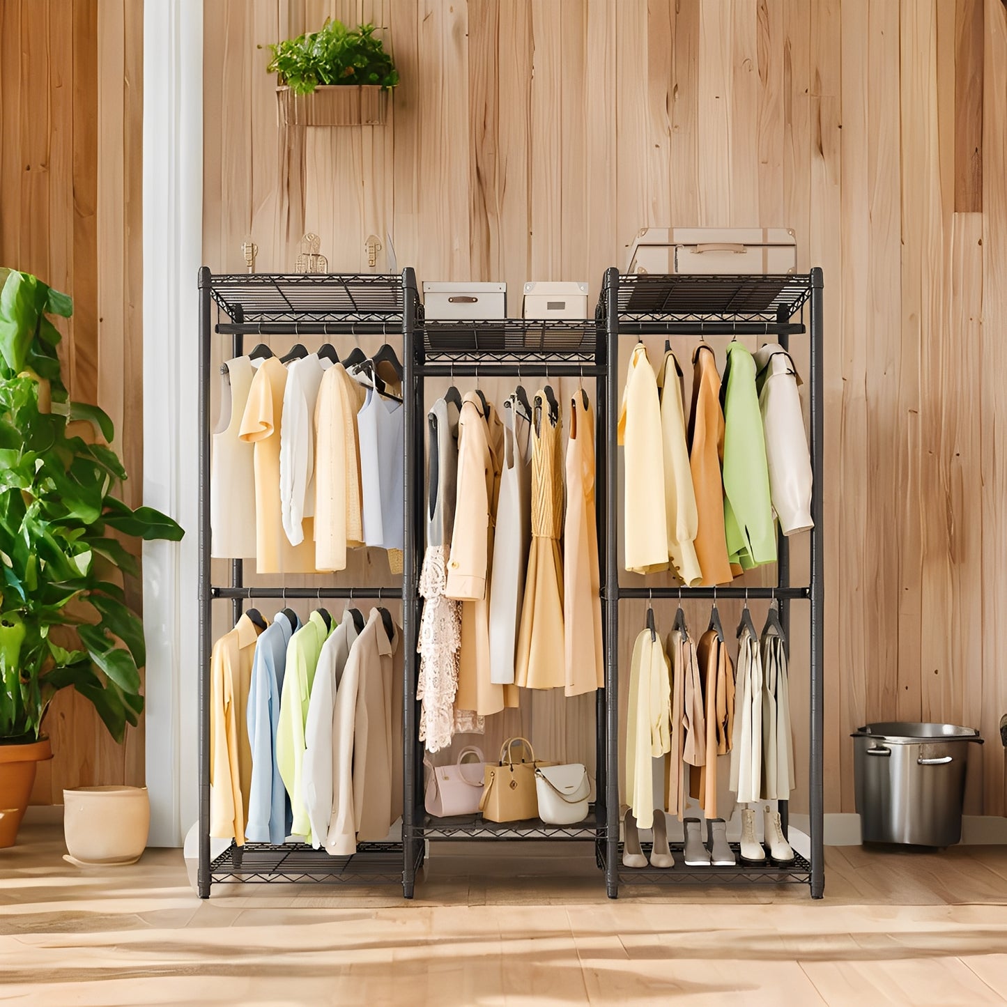 Heavy-Duty Garment Rack, 56.9-Inch Wide Portable Closet with 5 Rails & 6 Shelves, No-Tool Assembly, 419lb Capacity, Ink Black