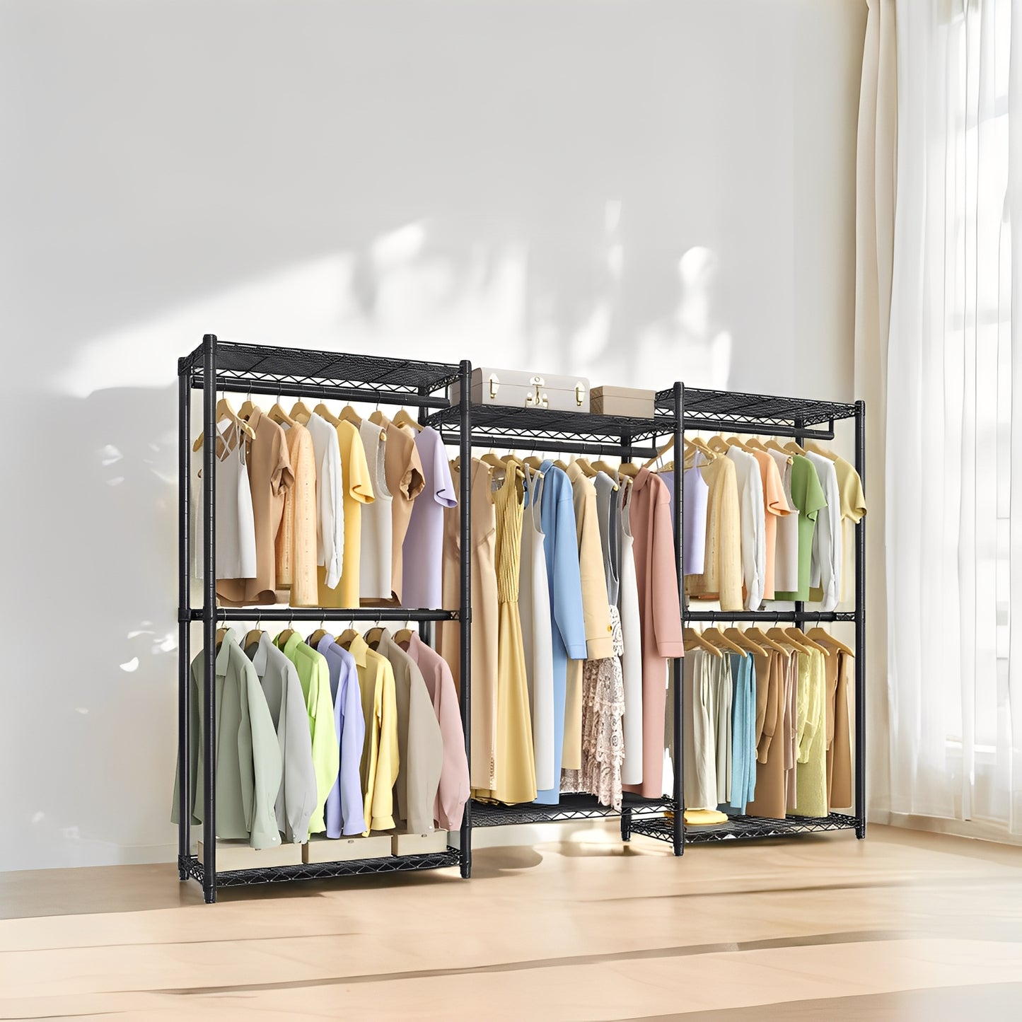Heavy-Duty Garment Rack, Adjustable Freestanding Steel Clothing Rack with No-Tool Assembly, 5 Rails & 6 Shelves Portable Closet for Clothes and Accessories,Ink Black