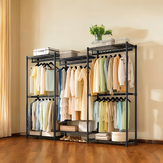Heavy-Duty Garment Rack, Adjustable Freestanding Steel Clothing Rack with No-Tool Assembly, 5 Rails & 6 Shelves Portable Closet for Clothes and Accessories,Ink Black