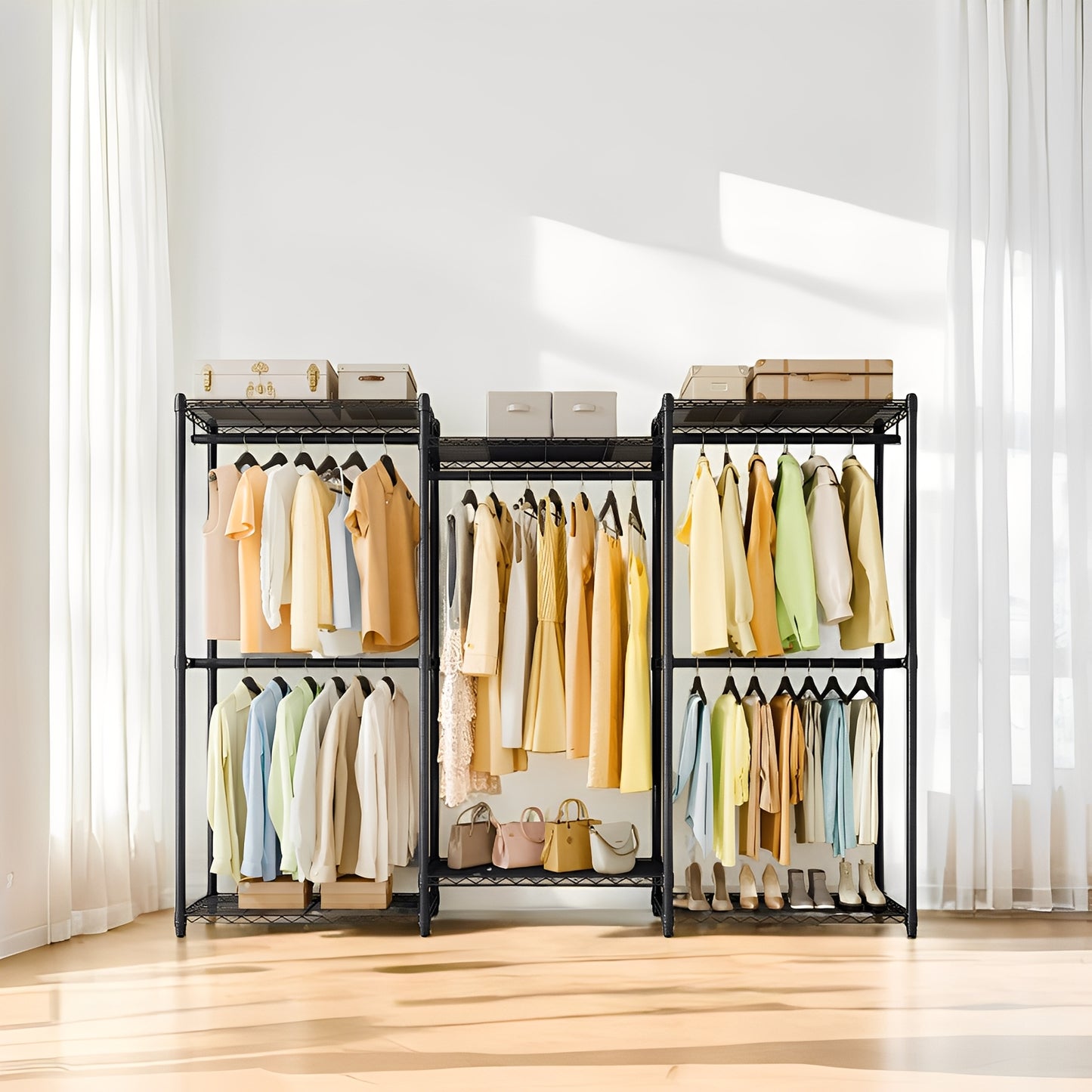 Heavy-Duty Garment Rack, Adjustable Freestanding Steel Clothing Rack with No-Tool Assembly, 5 Rails & 6 Shelves Portable Closet for Clothes and Accessories,Ink Black