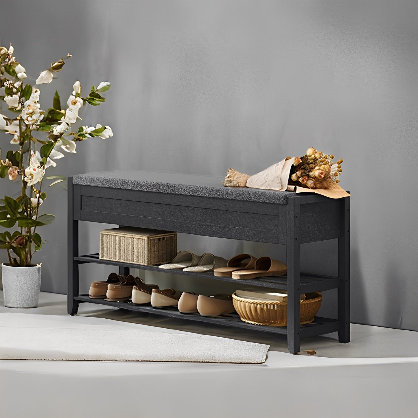 Bamboo Storage Bench with 2-Tier Shoe Rack, 39.4" Wide Entryway Organizer with Hidden Compartments & Cushioned Seat，Ink Black