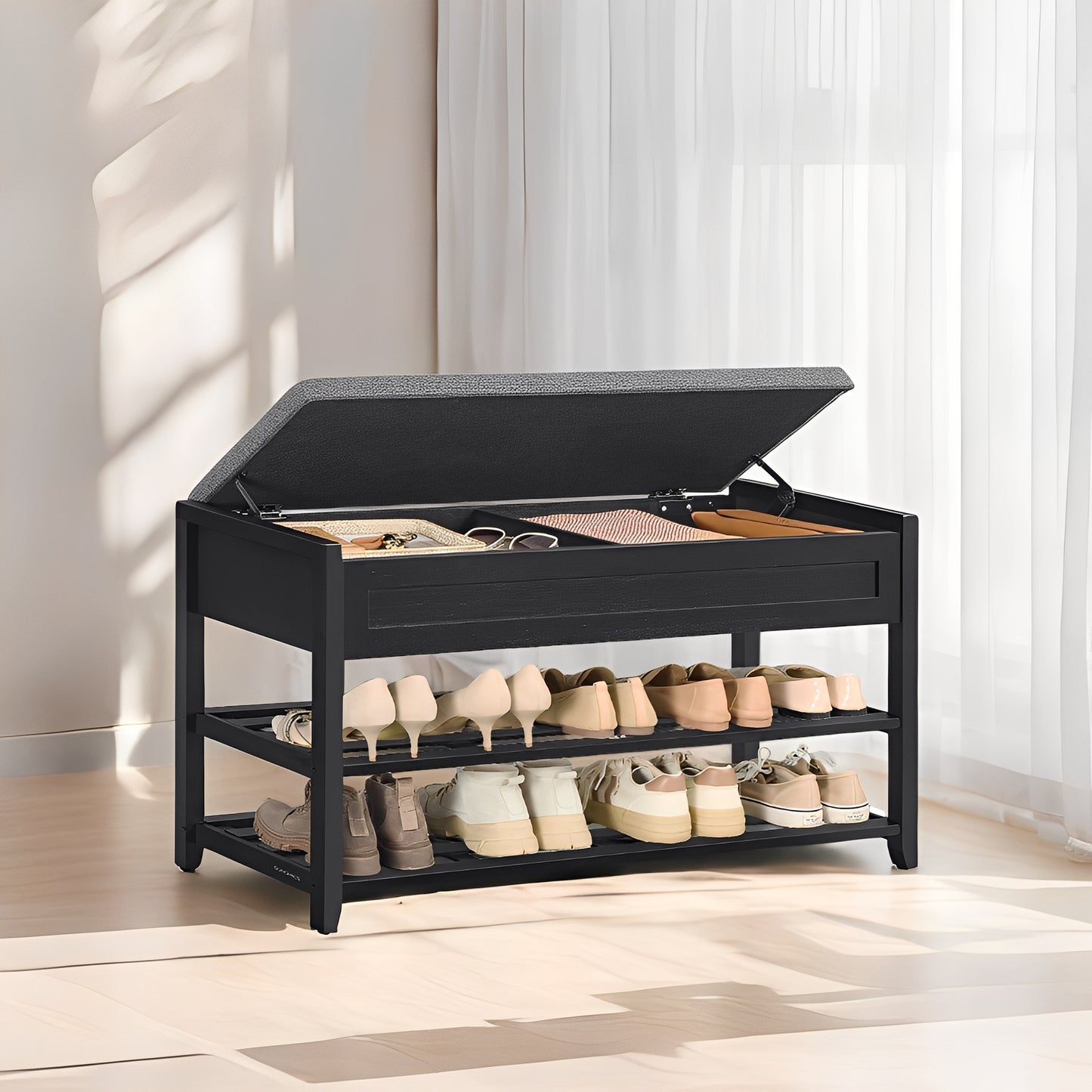 Bamboo Storage Bench with 2-Tier Shoe Rack, 39.4" Wide Entryway Organizer with Hidden Compartments & Cushioned Seat，Ink Black