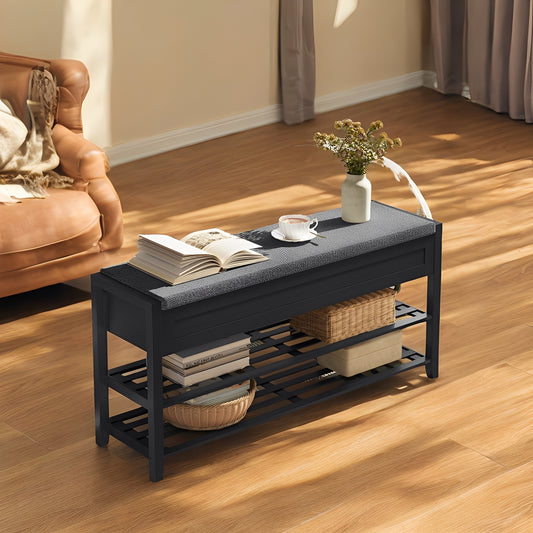 Bamboo Storage Bench with 2-Tier Shoe Rack, 39.4" Wide Entryway Organizer with Hidden Compartments & Cushioned Seat，Ink Black