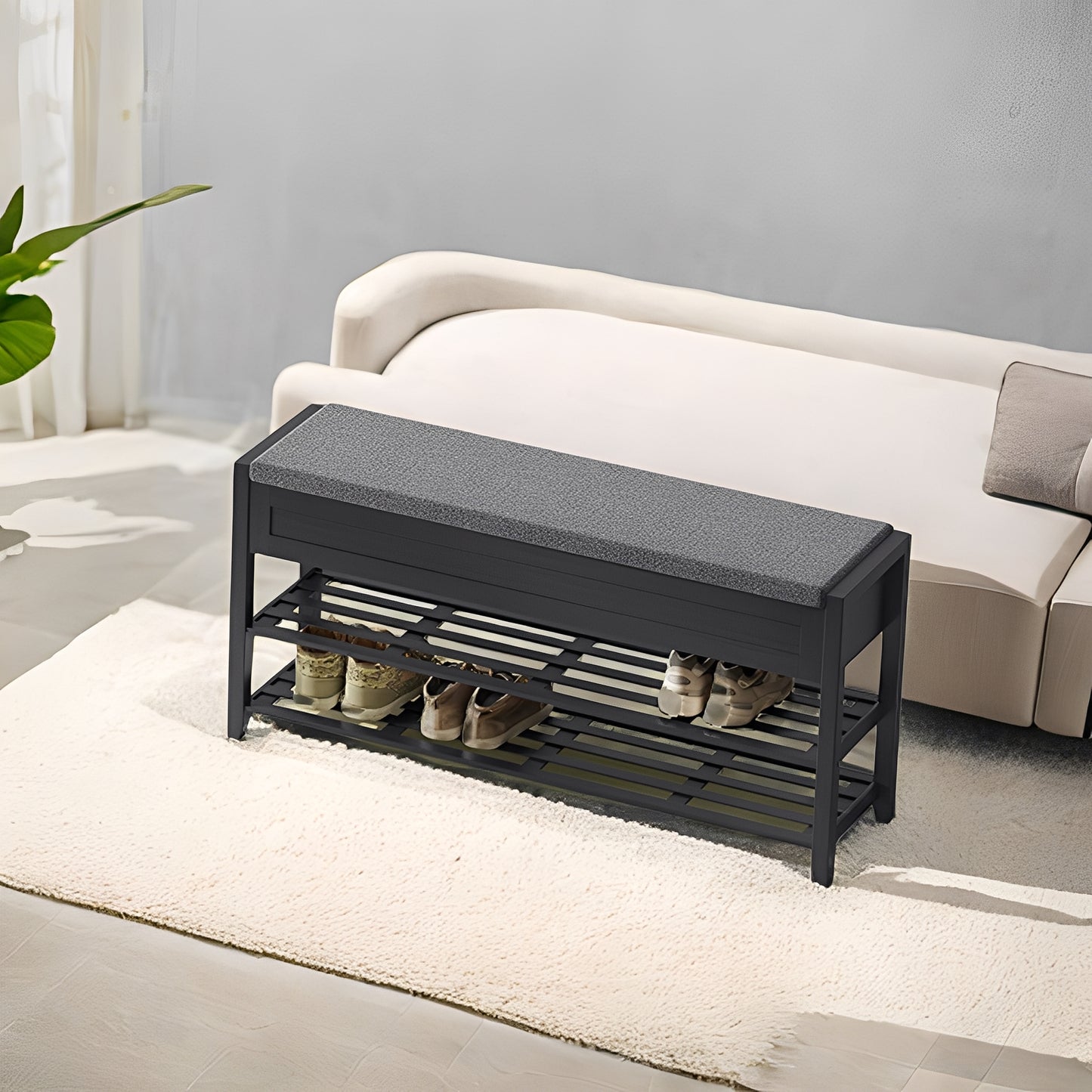 Bamboo Storage Bench with 2-Tier Shoe Rack, 39.4" Wide Entryway Organizer with Hidden Compartments & Cushioned Seat，Ink Black