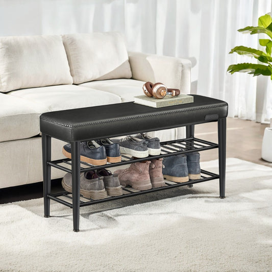 Shoe Rack Bench, Mid-Century Modern Storage Bench with 3-Tier Shelf, 300-lb Capacity Entryway Organizer,Ink Black