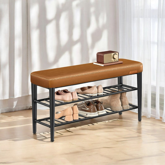 Shoe Rack Bench, Mid-Century Modern Storage Bench with 3-Tier Shelf, 300-lb Capacity Entryway Organizer,Caramel Brown