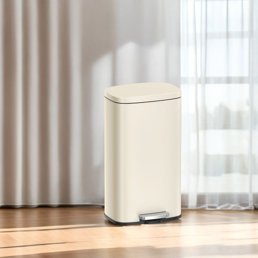Stainless Steel 8 Gallon Trash Can with Step Pedal, Soft-Close Lid & Inner Bucket for Kitchen/Bathroom,Sand Beige