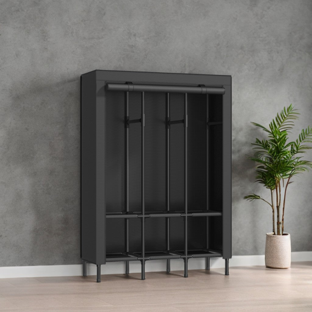 Heavy Duty Wardrobe Closet, 51.2 Inch Portable Clothing Rack with 3 Rails & 6 Shelves, Freestanding Organizer with Fabric Cover,Ink ray