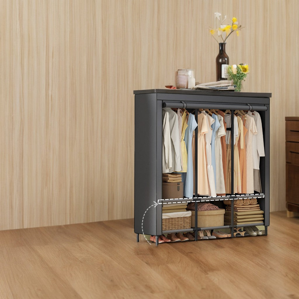 Heavy Duty Wardrobe Closet, 51.2 Inch Portable Clothing Rack with 3 Rails & 6 Shelves, Freestanding Organizer with Fabric Cover,Dove Gray