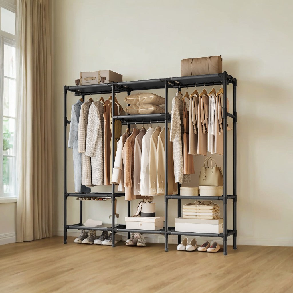 Heavy Duty Clothes Rack, 72 Inch Large Wardrobe with 3 Rails & 9 Shelves, 330 lb Capacity, Easy No-Tool Assembly, for Bedroom, Black