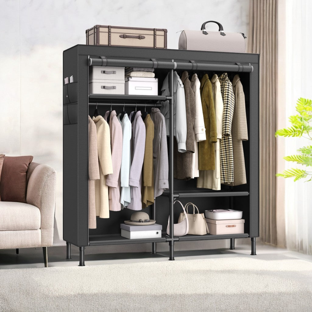 Heavy Duty Wardrobe Closet, 65 Inch Portable Closet Organizer with 2 Rails, 3 Shelves & 4 Pockets, Freestanding, Easy Assembly, Black