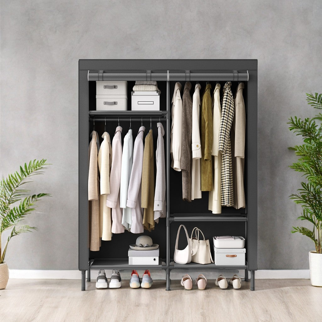 Heavy Duty Wardrobe Closet, 65 Inch Portable Closet Organizer with 2 Rails, 3 Shelves & 4 Pockets, Freestanding, Easy Assembly, Black