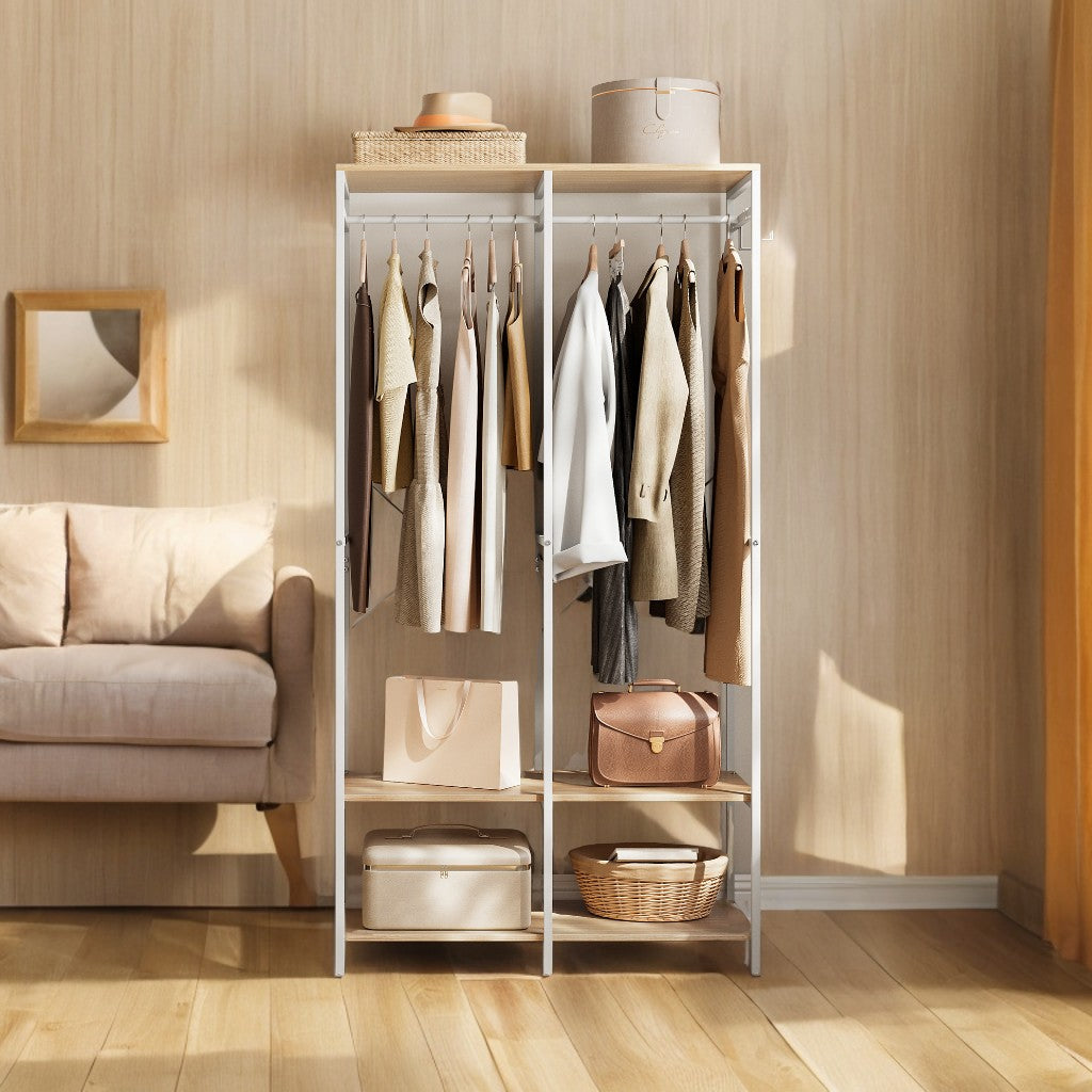 Heavy Duty Garment Rack, Iron and Wood Closet Organizer with Hanging Rods & Shelves, Freestanding Storage for Bedroom, 70.9 Inch,Natural Beige