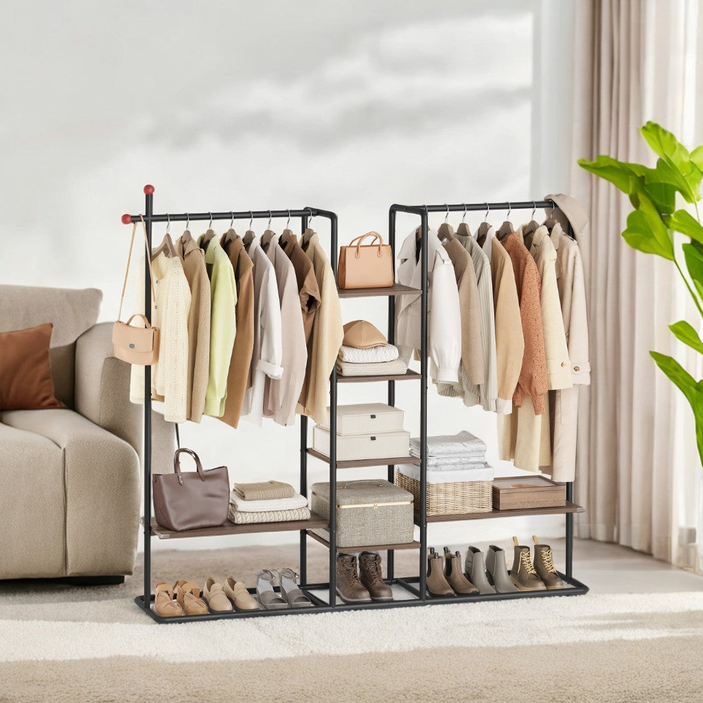 Freestanding Clothes Rack, Heavy-Duty Open Wardrobe with 6 Shelves & 2 Rails, Matchstick Hooks Design, for Bedroom Storage, Natural Walnut and Ink Black