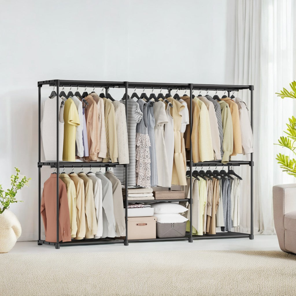 Freestanding Closet Organizer with 6 Hanging Rods & Shelves, Portable Wardrobe Rack for Bedroom Cloakroom, Tool-Free Assembly,Ink Black