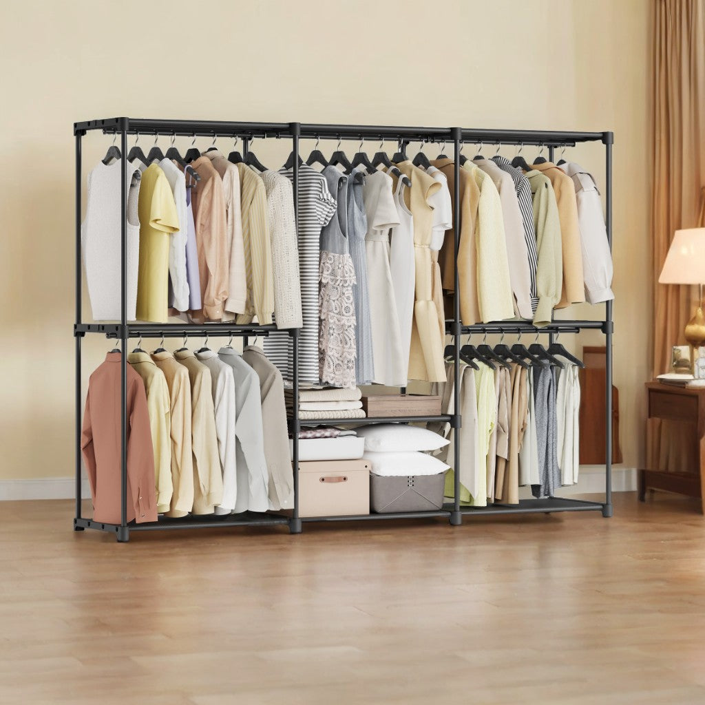 Freestanding Closet Organizer with 6 Hanging Rods & Shelves, Portable Wardrobe Rack for Bedroom Cloakroom, Tool-Free Assembly,Ink Black