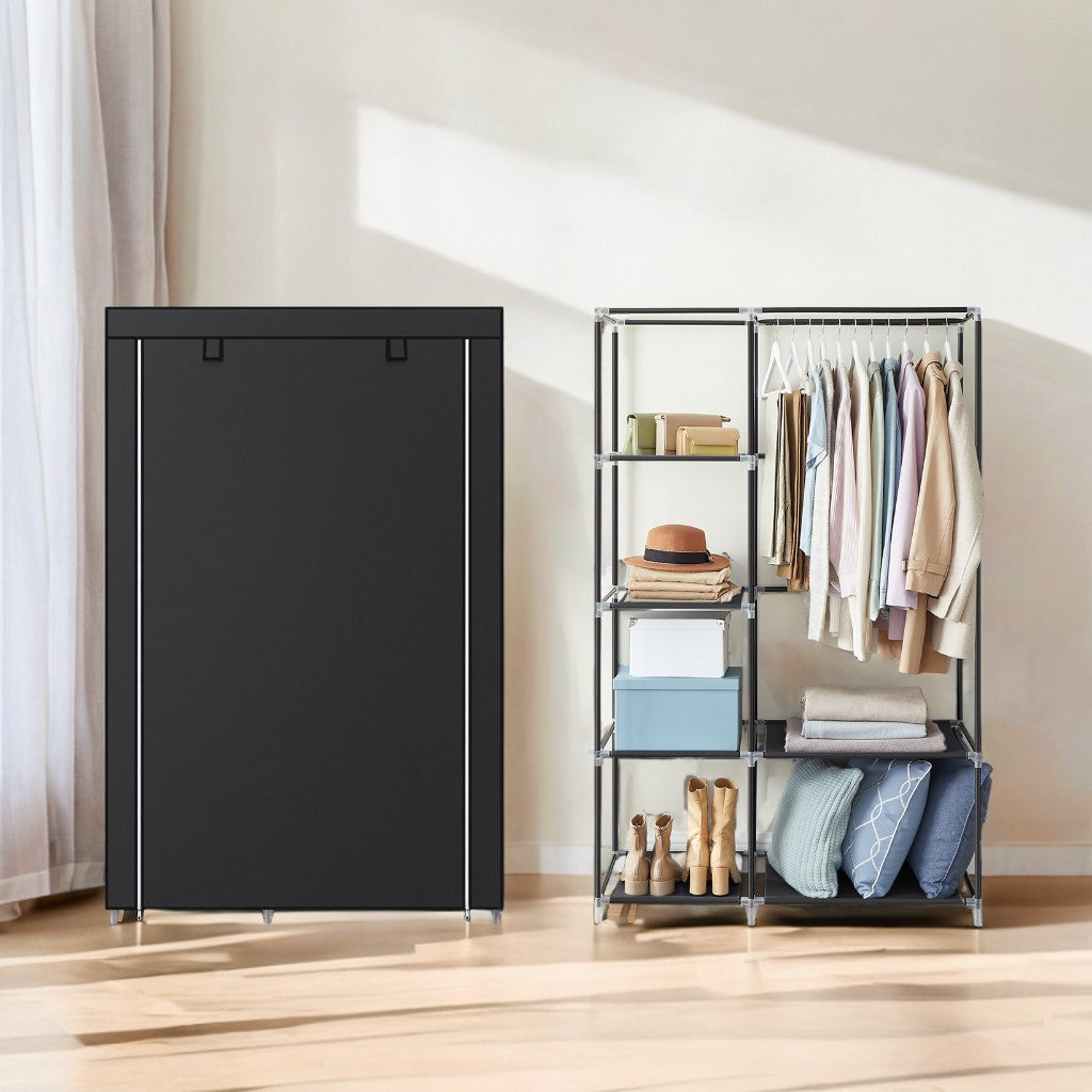 Large Fabric Wardrobe Closet with Hanging Rod & Shelves, Portable Storage Organizer for Bedroom/Living Room, Easy No-Tool Assembly, Black