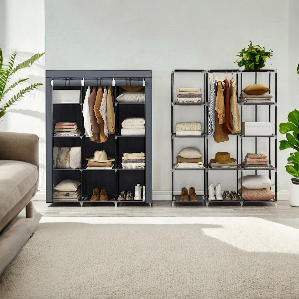 Large Portable Closet with 10 Shelves & Hanging Rail - Freestanding Fabric Wardrobe for Bedroom, 66 Inch,  Grey