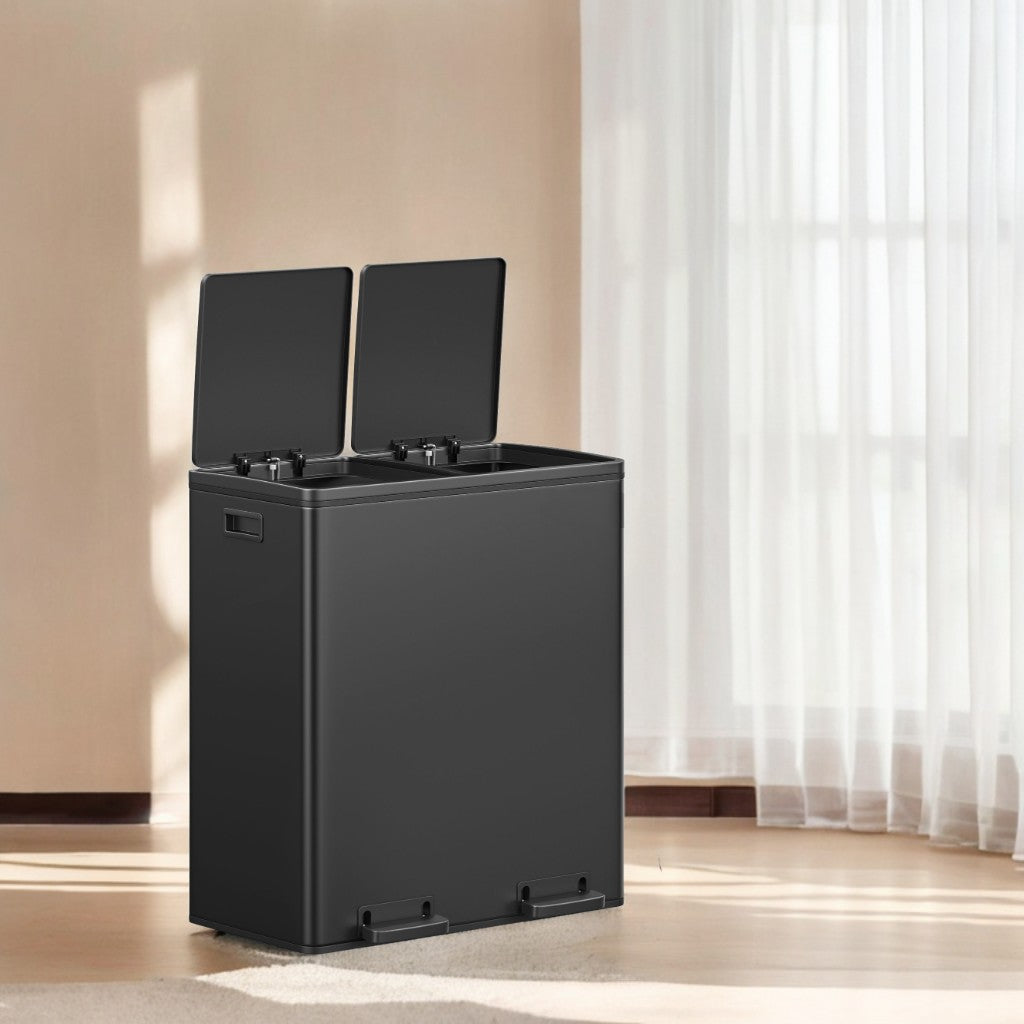 Dual Compartment Trash Can 2 x 30L, with 15 Liners, Metal Pedals, Inner Buckets, Soft-Close Lid, for Kitchen Recycling, Black