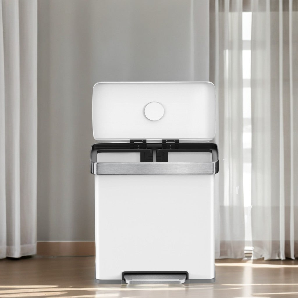 Stainless Steel 16 Gallon Dual Trash Can, 2 x 8 Gallon Pedal Bin with Stay-Open Lid & 15 Bags,Cloud White