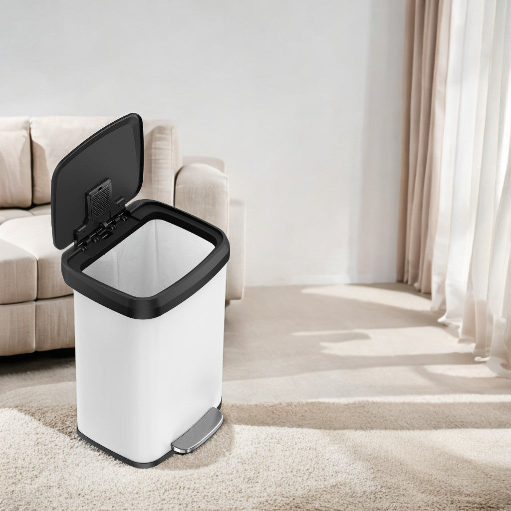 13 Gallon Stainless Steel Kitchen Trash Can, Stay-Open Lid with Step Pedal & Odor Filter, Large Capacity Bin,White and Black