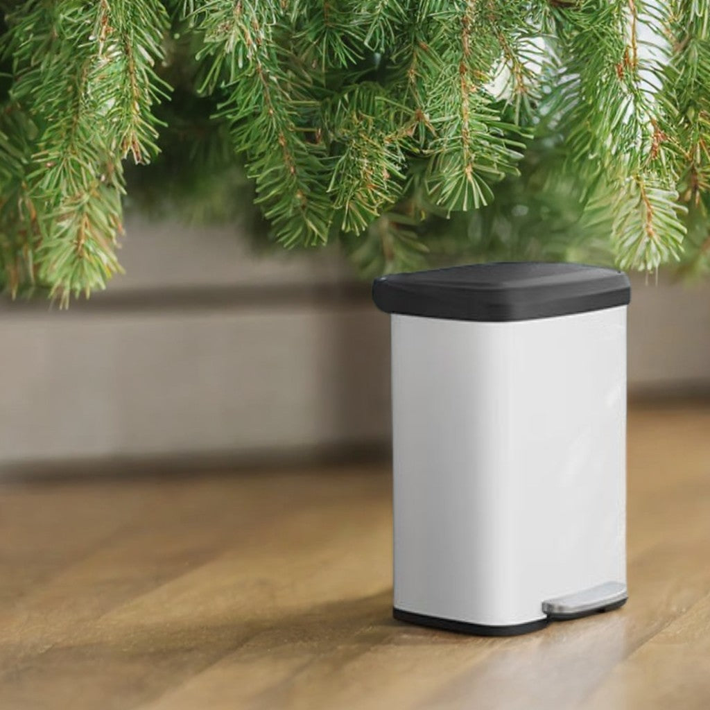 13 Gallon Stainless Steel Kitchen Trash Can, Stay-Open Lid with Step Pedal & Odor Filter, Large Capacity Bin,White and Black