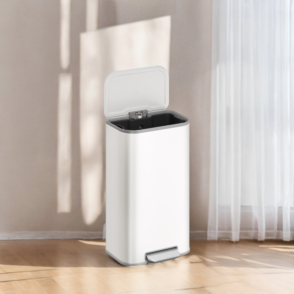 8-Gallon Step Trash Can, Soft-Close Stay-Open Lid, Inner Bucket, Non-Slip Pedal, Compact Stainless Steel Bin for Kitchen,Cloud White