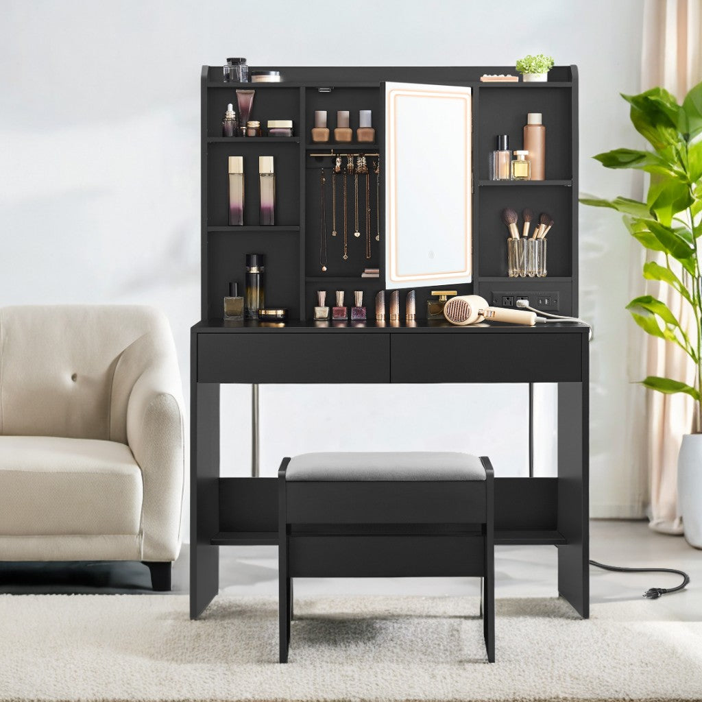 Vanity Desk with Dimmable LED Lights & Power Outlets, Makeup Dressing Table with Stool, 6 Compartments, 2 Drawers, Large Storage Shelf, for Bedroom, Ink Black