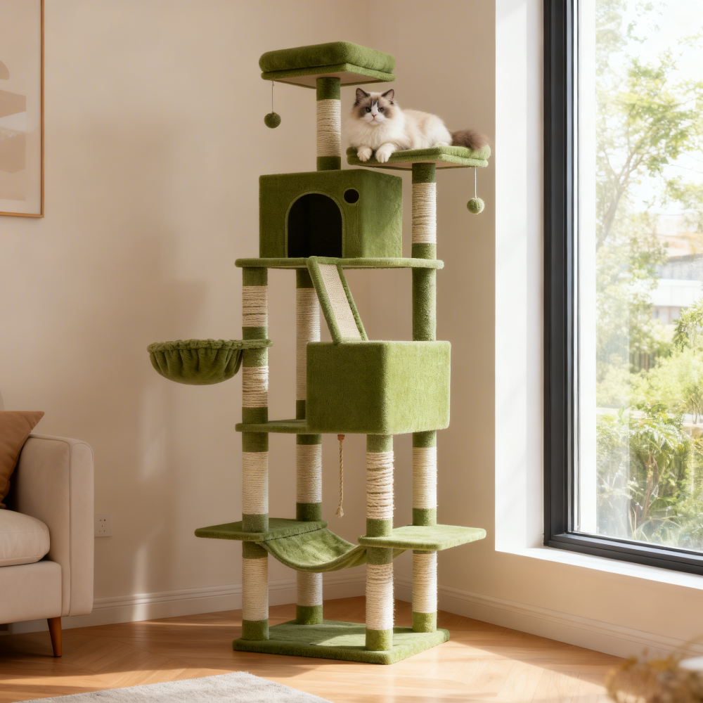 81.1-Inch Large Cat Tree Tower, Multi-Level Cat Condo with 13 Scratching Posts, 2 Perches, 2 Caves, Hammock & Basket, Green