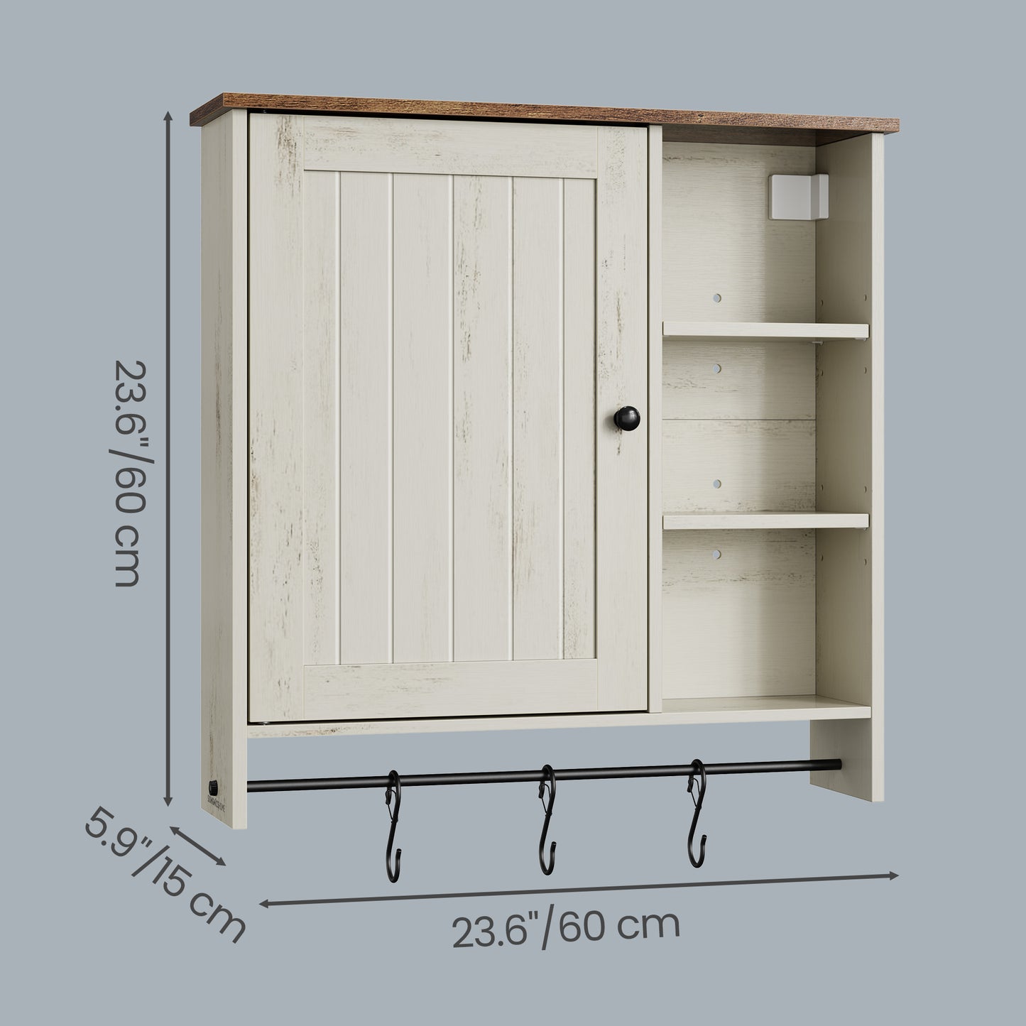 Wall Cabinet with Toolless Assembly, Farmhouse Medicine Cabinet with Adjustable Shelves & Hooks, for Bathroom, Kitchen, 23.6 x 23.6 x 5.9 Inches, Rustic White and Honey Brown