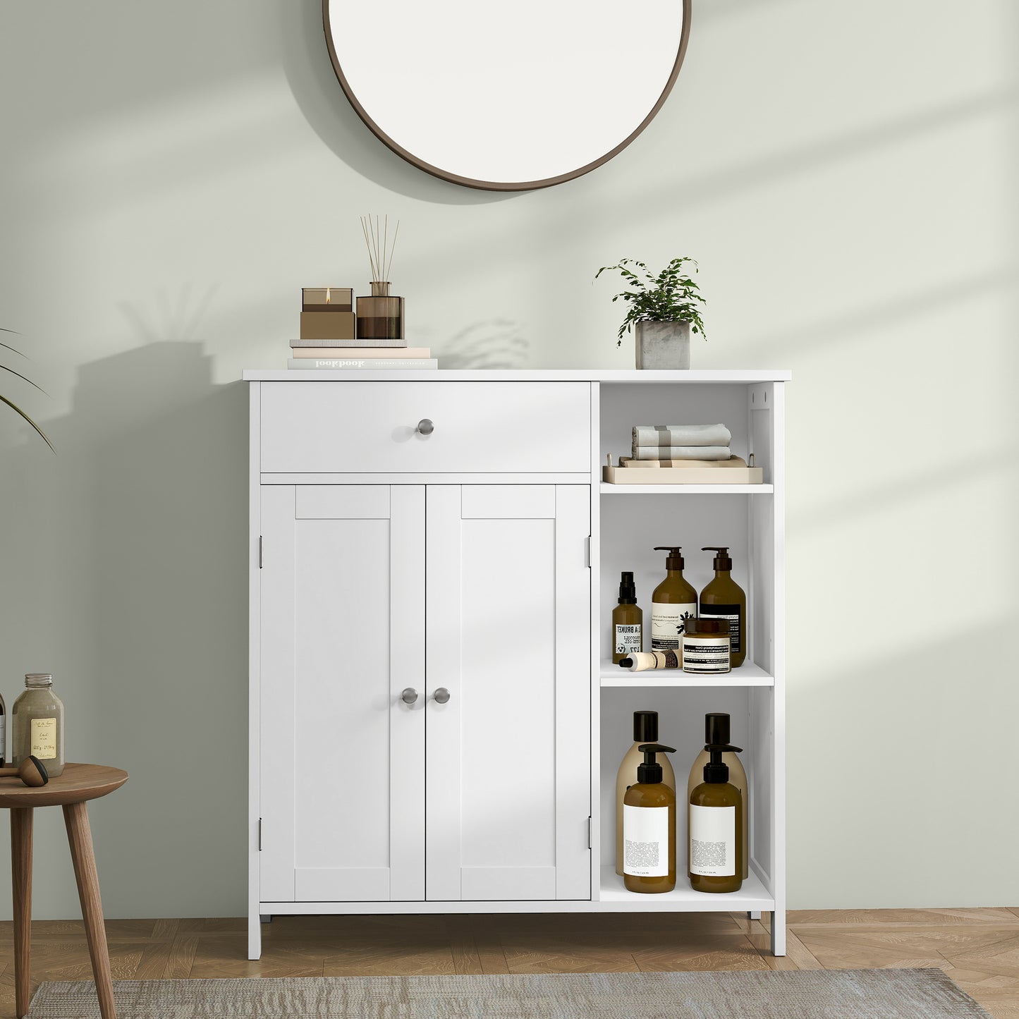 Floor Storage Cabinet, 29.5 Inch Freestanding Organizer with Drawer, Doors & Adjustable Shelves, 3 Open Compartments for Bathroom Living Room, Cloud White