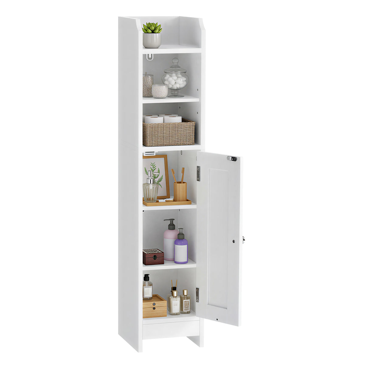 LEDREM Corner Bathroom Cabinet with Door and Adjustable Shelves, Narrow Storage Organizer for Toilet Paper, White