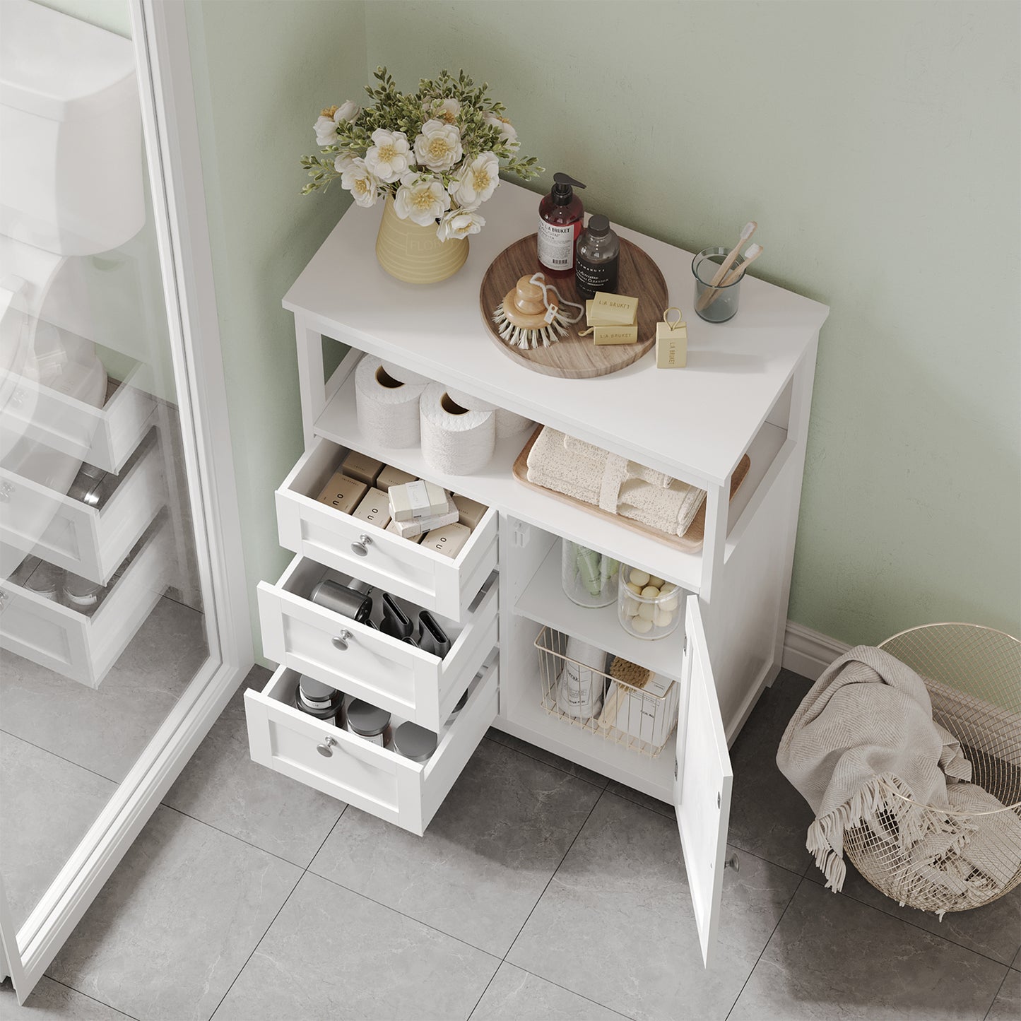 Bathroom Floor Storage Cabinet, 23.6 Inch Freestanding Organizer with 3 Drawers & Adjustable Shelf, Anti-Tip Design, White