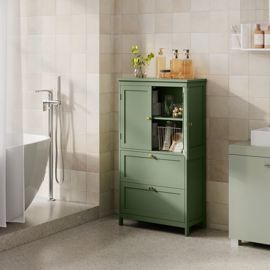 Freestanding Bathroom Storage Cabinet with 2 Doors & 2 Drawers, Adjustable Shelf, Wall-Mounted Anti-Tip Design, 11.8" x 23.6" x 43.3", Forest Green