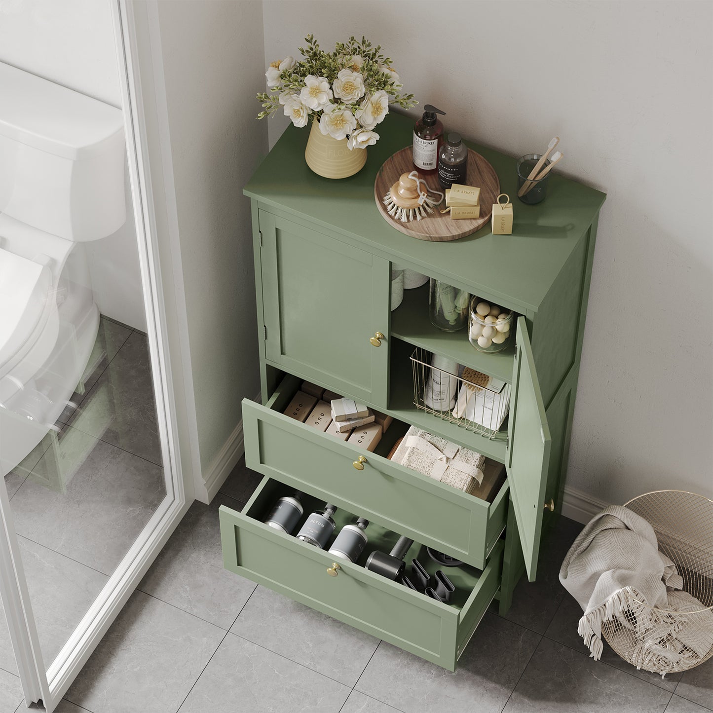 Freestanding Bathroom Storage Cabinet with 2 Doors & 2 Drawers, Adjustable Shelf, Wall-Mounted Anti-Tip Design, 11.8" x 23.6" x 43.3", Forest Green