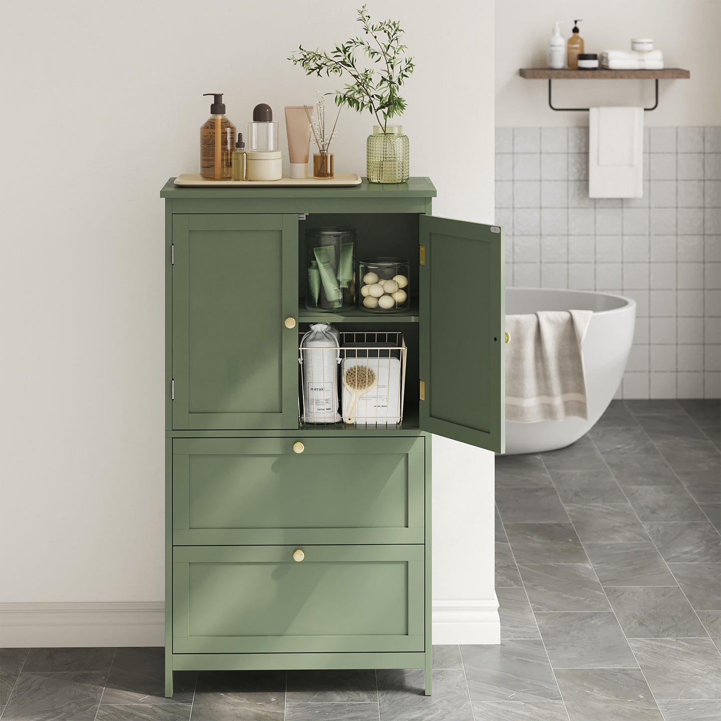 Freestanding Bathroom Storage Cabinet with 2 Doors & 2 Drawers, Adjustable Shelf, Wall-Mounted Anti-Tip Design, 11.8" x 23.6" x 43.3", Forest Green