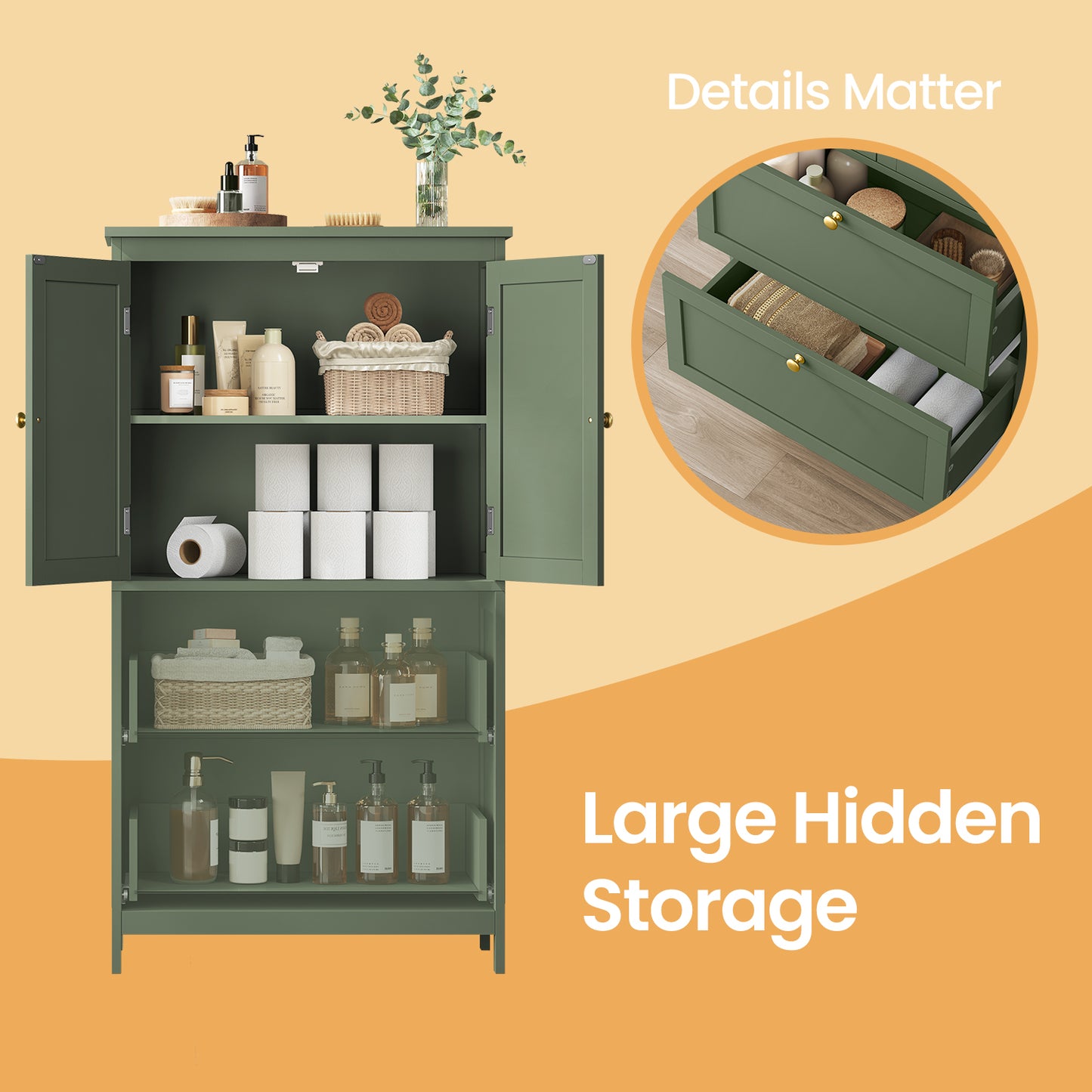 Freestanding Bathroom Storage Cabinet with 2 Doors & 2 Drawers, Adjustable Shelf, Wall-Mounted Anti-Tip Design, 11.8" x 23.6" x 43.3", Forest Green