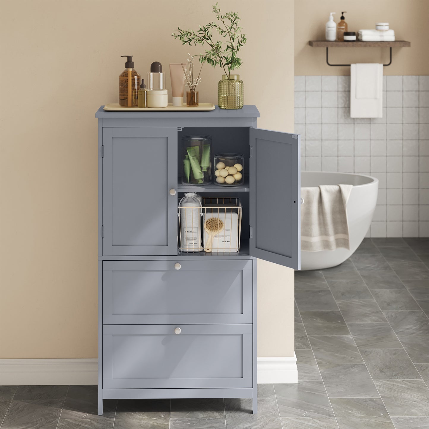 Freestanding Bathroom Storage Organizer with 2 Drawers & 2 Doors, Adjustable Shelves, Wall-Mountable, 11.8"x23.6"x43.3", Dove Gray