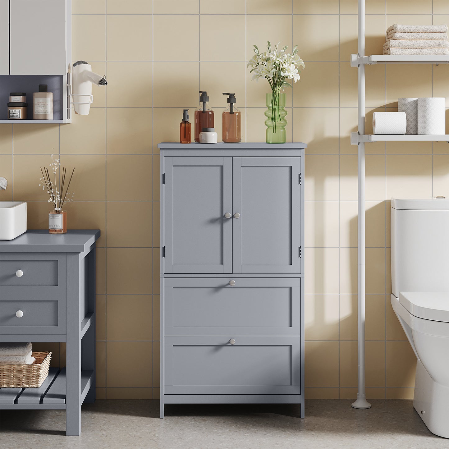 Freestanding Bathroom Storage Organizer with 2 Drawers & 2 Doors, Adjustable Shelves, Wall-Mountable, 11.8"x23.6"x43.3", Dove Gray