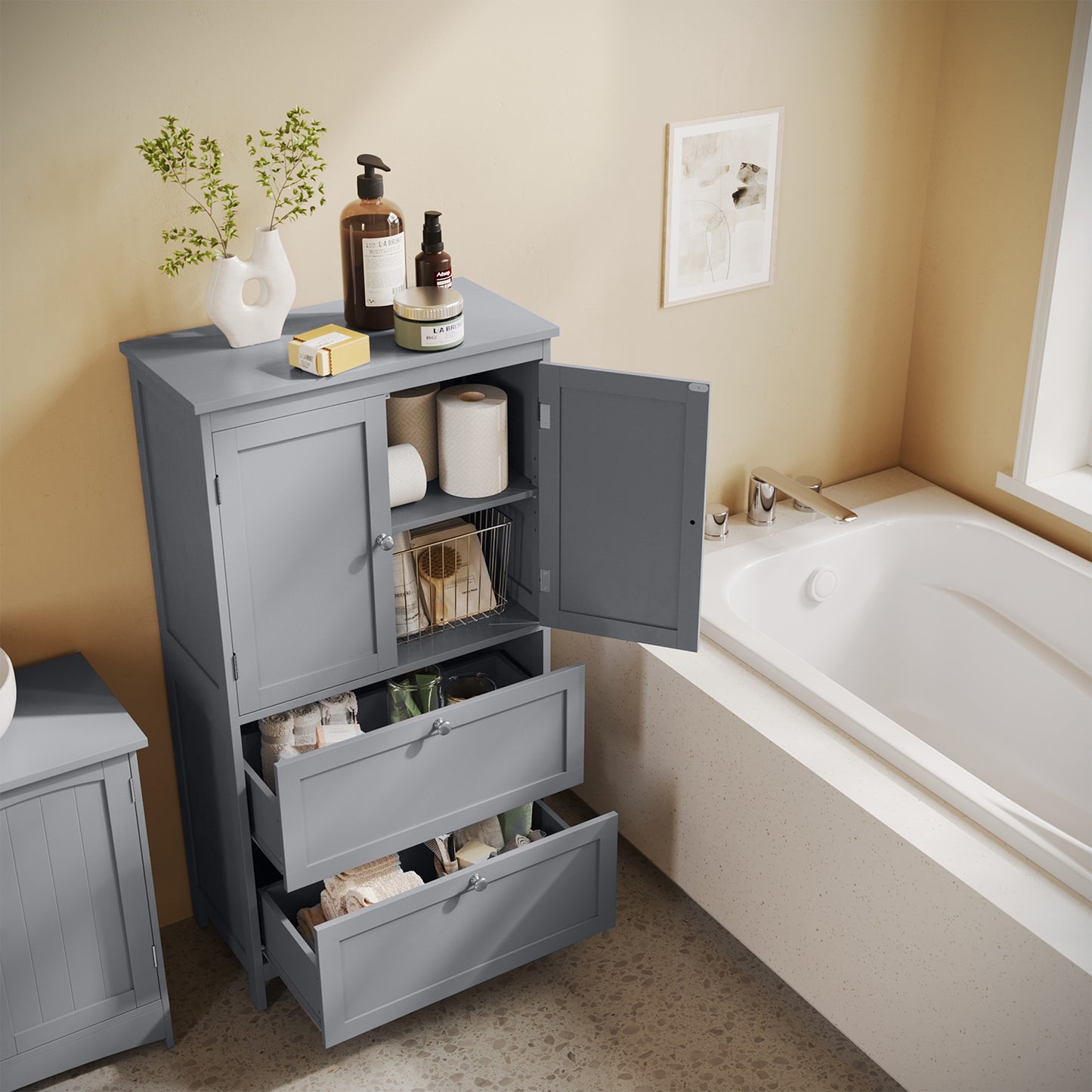 Freestanding Bathroom Storage Organizer with 2 Drawers & 2 Doors, Adjustable Shelves, Wall-Mountable, 11.8"x23.6"x43.3", Dove Gray
