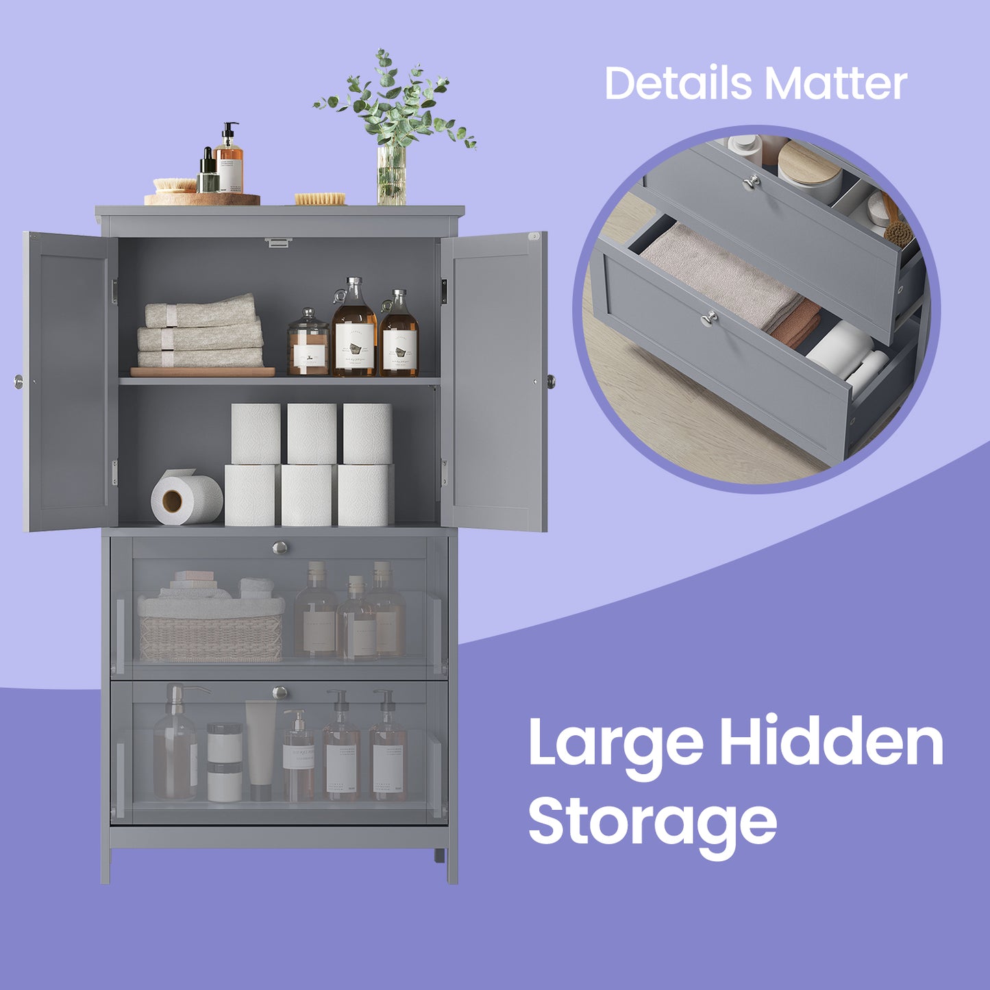 Freestanding Bathroom Storage Organizer with 2 Drawers & 2 Doors, Adjustable Shelves, Wall-Mountable, 11.8"x23.6"x43.3", Dove Gray