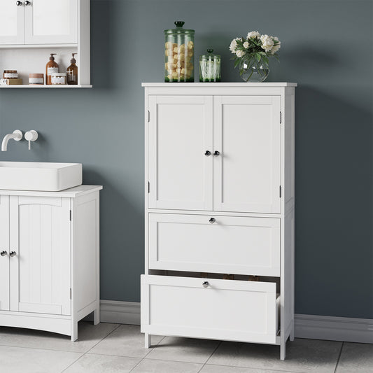 Freestanding Bathroom Storage Cabinet with 2 Doors & 2 Drawers, Adjustable Shelf, Wall-Mounted Safety, 11.8" x 23.6" x 43.3", White