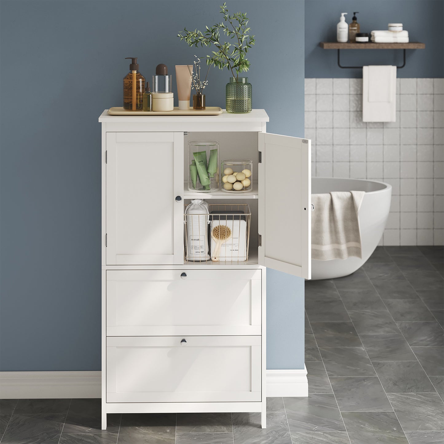 Freestanding Bathroom Storage Cabinet with 2 Doors & 2 Drawers, Adjustable Shelf, Wall-Mounted Safety, 11.8" x 23.6" x 43.3", White