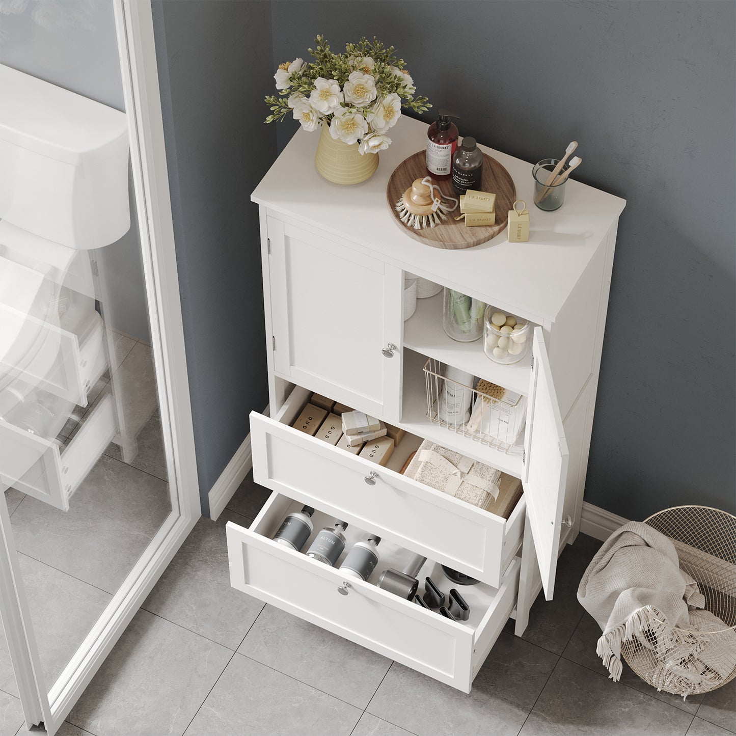 Freestanding Bathroom Storage Cabinet with 2 Doors & 2 Drawers, Adjustable Shelf, Wall-Mounted Safety, 11.8" x 23.6" x 43.3", White