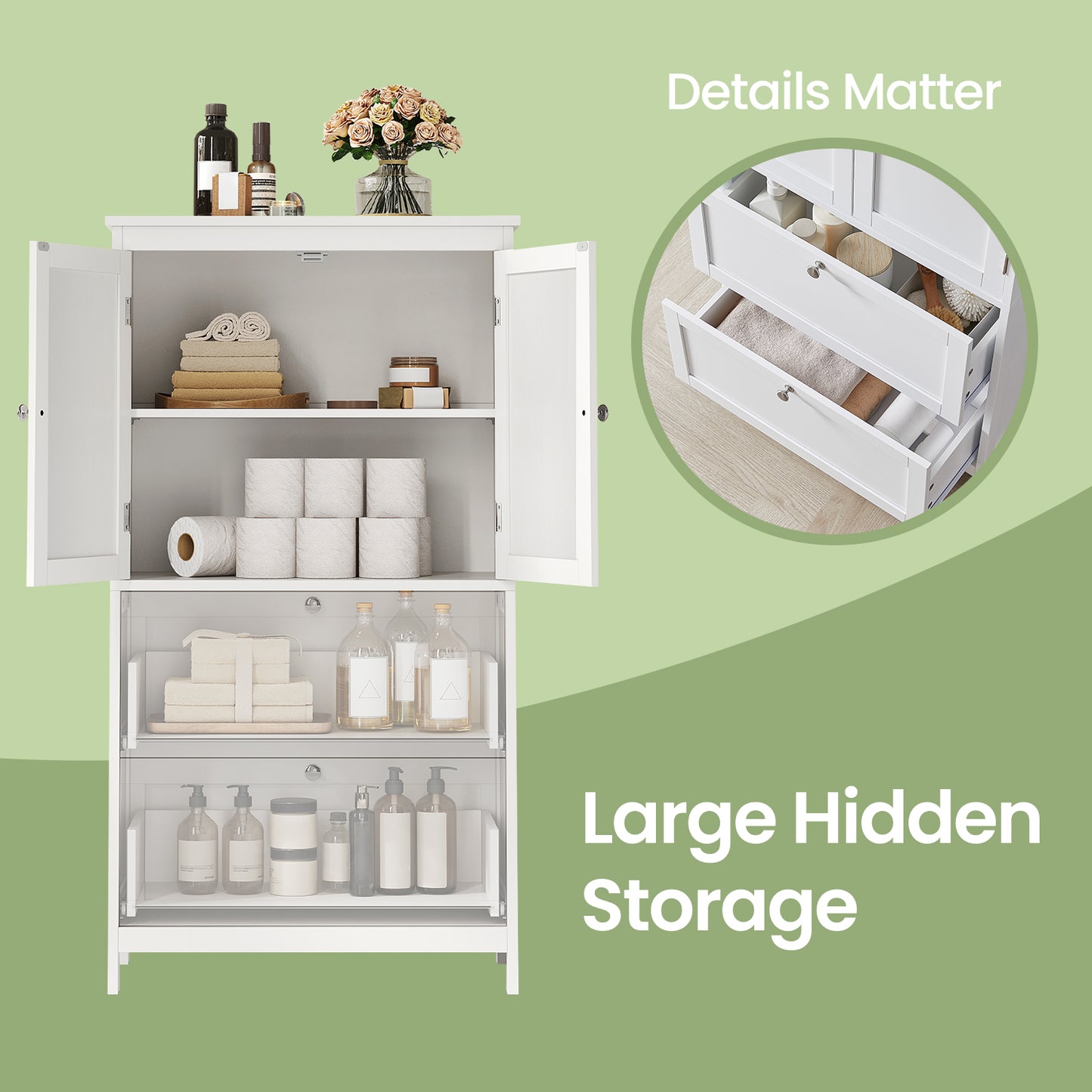 Freestanding Bathroom Storage Cabinet with 2 Doors & 2 Drawers, Adjustable Shelf, Wall-Mounted Safety, 11.8" x 23.6" x 43.3", White