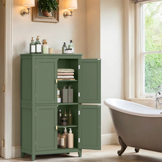 Freestanding Bathroom Storage Cabinet with 4 Doors & Adjustable Shelves, Spacious Floor Organizer for Towels & Toiletries, Forest Green
