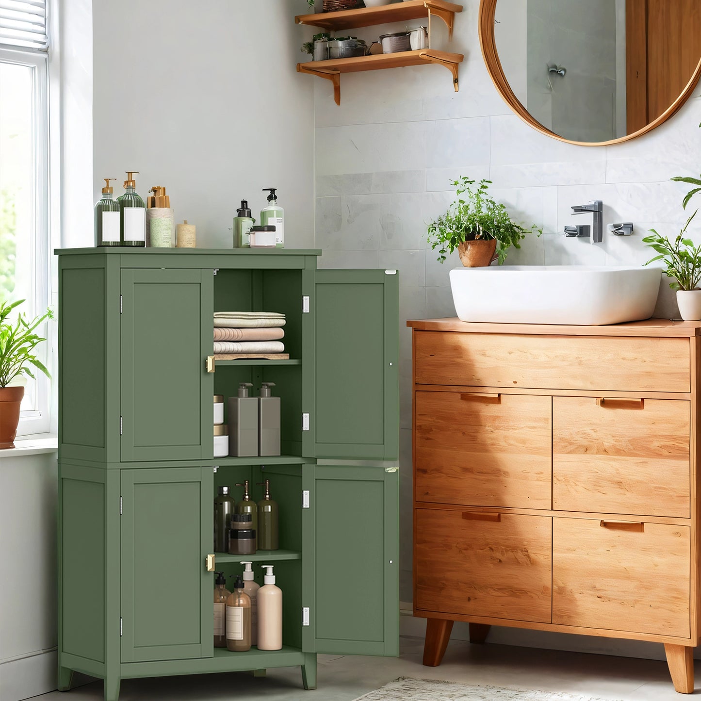 Freestanding Bathroom Storage Cabinet with 4 Doors & Adjustable Shelves, Spacious Floor Organizer for Towels & Toiletries, Forest Green