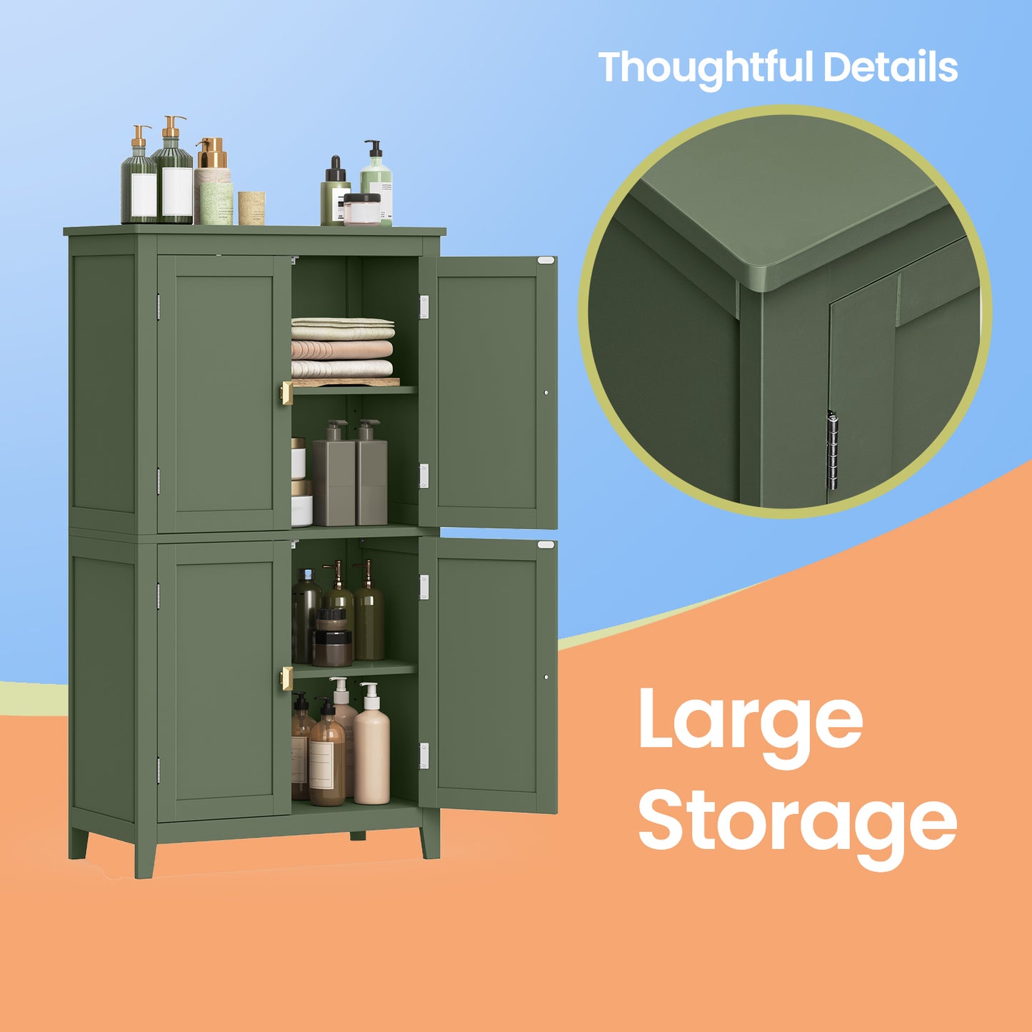 Freestanding Bathroom Storage Cabinet with 4 Doors & Adjustable Shelves, Spacious Floor Organizer for Towels & Toiletries, Forest Green
