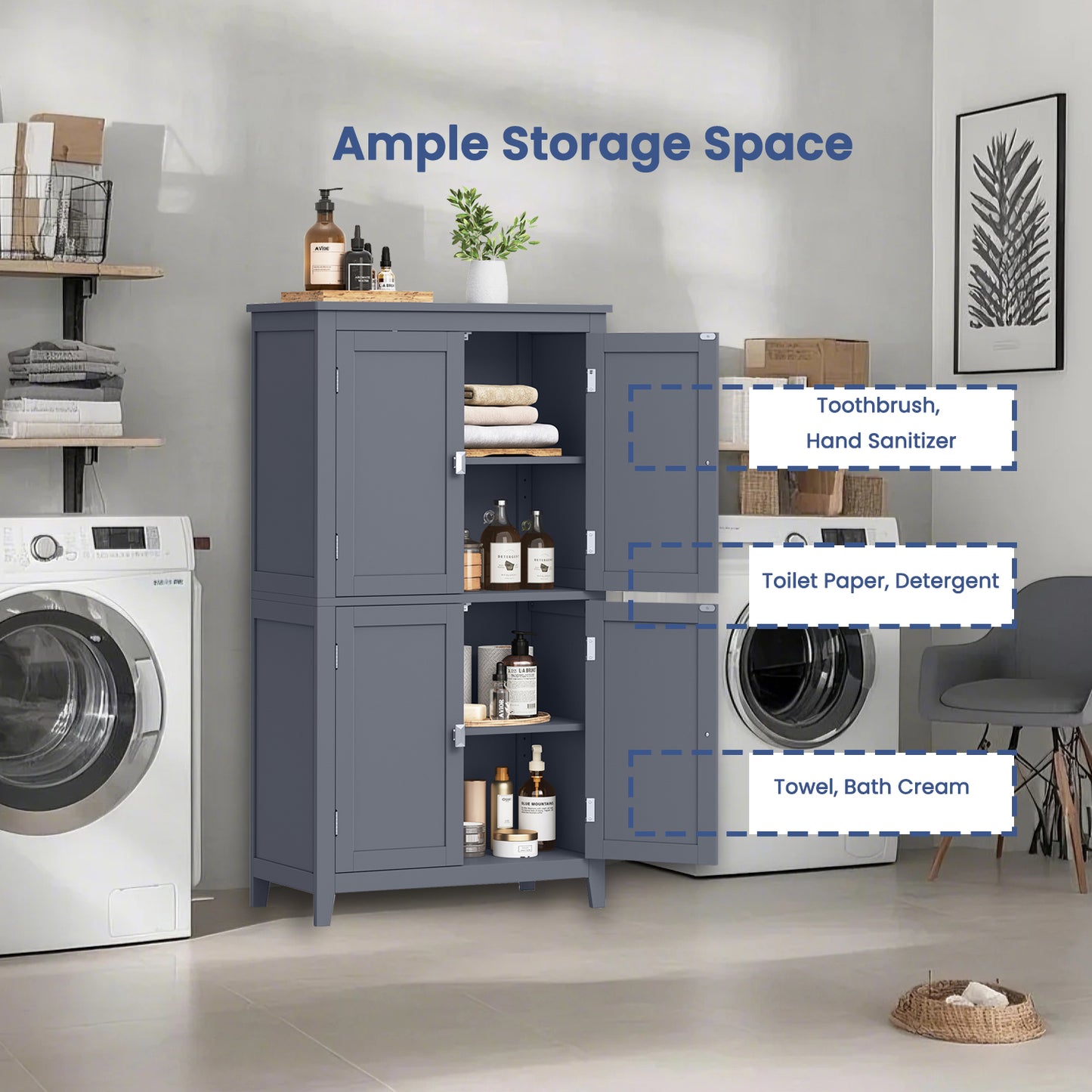 Freestanding Bathroom Storage Cabinet with 4 Doors & 5-Position Adjustable Shelves, Spacious Floor Organizer for Towels & Toiletries, Slate Gray