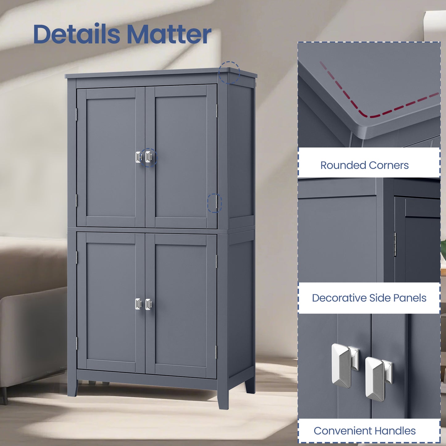 Freestanding Bathroom Storage Cabinet with 4 Doors & 5-Position Adjustable Shelves, Spacious Floor Organizer for Towels & Toiletries, Slate Gray